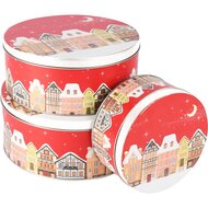 Dekoratief | Set 3 bewaardozen 'Winter Village', rood/wit, metaal, 20x20x9cm | A255904