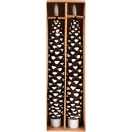 Dekoratief | Box 2 kaarsen &#039;Pinecone&#039;, bruin/wit, LED, 4x4x25cm | A255945