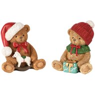 Dekoratief | Beertje zittend m/cadeau/paard, rood, resina, 10x8x11cm, set van 2 stuks | A255966