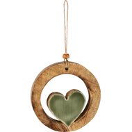 Dekoratief | Hanger ring m/hart, groen/naturel, hout/email, 10x2x10cm | A258006