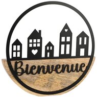 Dekoratief | Deco 'Bienvenue' in cirkel, zwart/naturel, metaal/hout, 24x3x23cm | A258422
