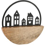 Dekoratief | Deco 'Bienvenue' in cirkel, zwart/naturel, metaal/hout, 24x3x23cm | A258422