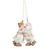 Clayre &amp; Eef | Decoratie hanger kerstman met kerstvrouw Roze Groen 7x4x8 cm | 6PR5656