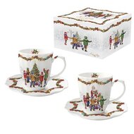 Dekoratief | Set 2 kopjes m/schoteltje 'Christmas Round Dance', porselein, 110ml | A236021