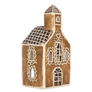 Clayre & Eef | Theelichthouder Kerst Huisje Bruin Wit 8x7x17 cm | 6CE2326