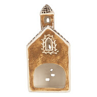 Clayre & Eef | Theelichthouder Kerst Huisje Bruin Wit 8x7x17 cm | 6CE2326