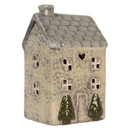 Clayre &amp; Eef | Theelichthouder Kerst Huisje Beige Grijs 9x8x15 cm | 6CE2277