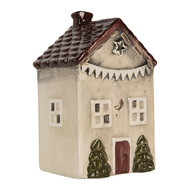 Clayre &amp; Eef | Theelichthouder Kerst Huisje Beige Rood 10x8x15 cm | 6CE2279