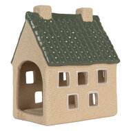 Clayre &amp; Eef | Theelichthouder Kerst Huisje Beige Groen 8x11x14 cm | 6CE2310