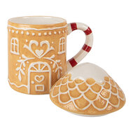 Clayre &amp; Eef | Mok met deksel Bruin Wit 13x10x15 cm / 350 ml | 6CEMU0213