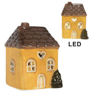 Clayre &amp; Eef | Decoratie Huisje met LED Geel Bruin 7x6x10 cm | 6CE2268
