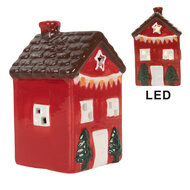 Clayre &amp; Eef | Decoratie Huisje met LED Rood Bruin 6x6x10 cm | 6CE2273