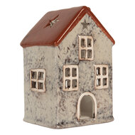 Clayre &amp; Eef | Theelichthouder Kerst Huisje Grijs Rood 8x7x13 cm | 6CE2284