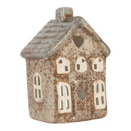 Clayre &amp; Eef | Theelichthouder Kerst Huisje Beige Groen 9x6x13 cm | 6CE2291