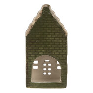 Clayre &amp; Eef | Theelichthouder Kerst Huisje Groen Grijs 7x7x14 cm | 6CE2301