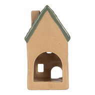 Clayre &amp; Eef | Theelichthouder Kerst Huisje Beige Groen 6x6x11 cm | 6CE2307