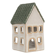 Clayre &amp; Eef | Theelichthouder Kerst Huisje Grijs Groen 7x7x13 cm | 6CE2308