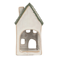 Clayre &amp; Eef | Theelichthouder Kerst Huisje Grijs Groen 7x7x13 cm | 6CE2308