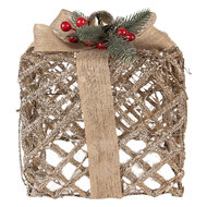 Clayre &amp; Eef | Decoratie cadeau met LED set van 3 Goudkleurig 25x25x30 / 20x20x24 / 15x15x17 cm / 6xAA | 66308