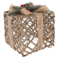 Clayre &amp; Eef | Decoratie cadeau met LED set van 3 Goudkleurig 25x25x30 / 20x20x24 / 15x15x17 cm / 6xAA | 66308