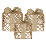 Clayre &amp; Eef | Decoratie cadeau met LED set van 3 Goudkleurig 25x25x30 / 20x20x24 / 15x15x17 cm / 6xAA | 66311