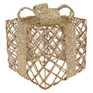Clayre &amp; Eef | Decoratie cadeau met LED set van 3 Goudkleurig 25x25x30 / 20x20x24 / 15x15x17 cm / 6xAA | 66311