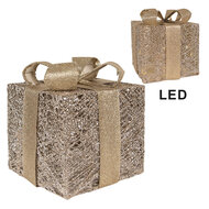 Clayre &amp; Eef | Decoratie cadeau met LED set van 3 Goudkleurig 25x25x30 / 20x20x24 / 15x15x17 cm / 6xAA | 66312