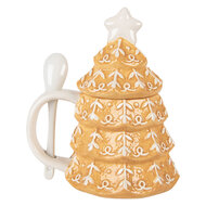 Clayre &amp; Eef | Mok met deksel en lepel Bruin Wit 16x12x18 cm / 350 ml | 6CEMU0212