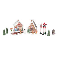Clayre & Eef | Decoratie Huisjes met LED (set 17) Bruin Wit 9x8x13 cm / 2xAAA | 6PR5868