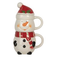 Mok met deksel Wit Rood Sneeuwpop Keramiek 13x9x22 cm / 300 ml / 375 ml