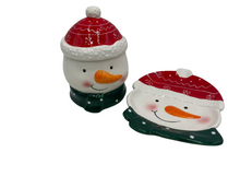 Set van 2 Voorraadpot + bordje sneeuwpop wit rood groen 16 x 12 - 20,5 x 16 cm