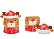 Set :  Voorraadpot + bordje rendier bruin rood wit 16 x 12 - 20,5 x 16 cm