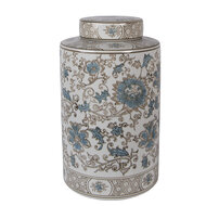 Clayre &amp; Eef | Decoratie pot met deksel Wit Groen &oslash; 18x30 cm | 6CE2372