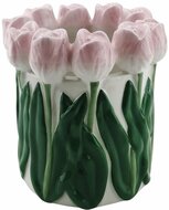 Housevitamin Vaas- Bloemen Vaas met Tulpen rand - dolomiet - Licht Roze / Groen- 15x14cm