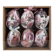 Clayre &amp; Eef | Decoratie Hanger Ei (set 6) Wit Roze &oslash; 7x10 cm | 66456