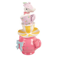 Clayre &amp; Eef | Decoratie theepot met kopjes gestapeld Wit Roze 16x13x26 cm | 6PR5948