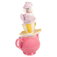 Clayre &amp; Eef | Decoratie theepot met kopjes gestapeld Wit Roze 16x13x26 cm | 6PR5948