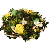 Dekoratief | Tafelstukje m/eitjes/bloemen, groen/geel, pvc/glas, 18x18x6cm | A260830