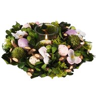 Dekoratief | Tafelstukje m/eitjes/bloemen, groen/roze/wit, pvc/glas, 18x18x6cm | A260826