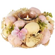 Dekoratief | Tafelstukje m/eitjes, geel/roze, pvc/naturel, 19x19x9cm | A260063