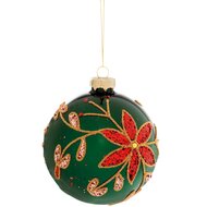 Dekoratief | Hanger bal m/bloem, groen/rood/goud, glas, 8x8x8cm | A269043