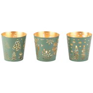 Dekoratief | Theelichthouder 'Winter', groen/goud, metaal, 8x6x8cm, set van 3 stuks | A268196