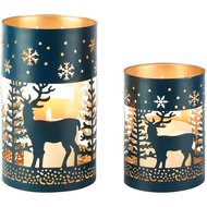 Dekoratief | Set 2 Waxinelichthouders 'Highland Deer', petrol/goud, metaal, 12x12x20cm | A268191
