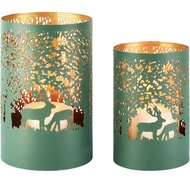 Dekoratief | Set 2 Waxinelichthouders 'Wild Deer', groen/goud, metaal, 12x12x20cm | A268175