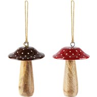Dekoratief | Hanger paddenstoel, rood/bruin/naturel, hout, 7x7x10cm, set van 2 stuks | A268067