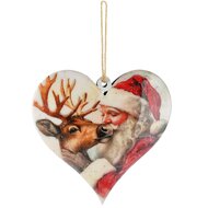 Dekoratief | Hanger hart 'Santa w/deer', wit/rood, metaal, 11x1x10cm | A268044