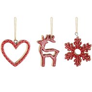 Dekoratief | Hanger hartje/sneeuwvlok/rendier, rood/wit, hout, 8x1x8cm, set van 3 stuks | A268039