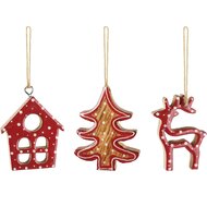 Dekoratief | Hanger huisje/boom/rendier, naturel/rood, hout, 7x1x8cm, set van 3 stuks | A268038