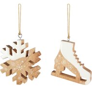 Dekoratief | Hanger schaats/sneeuwvlok, naturel/wit, hout, 11x2x10cm, set van 2 stuks | A268027