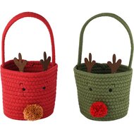 Dekoratief | Mandje rendier m/gewei, rood/groen, katoen, 15x15x17cm, set van 2 stuks | A265906